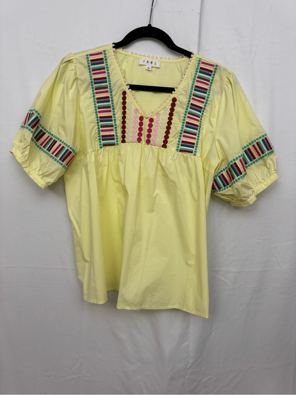 THML Yellow Multicolored Embroidered Puff Sleeve Top